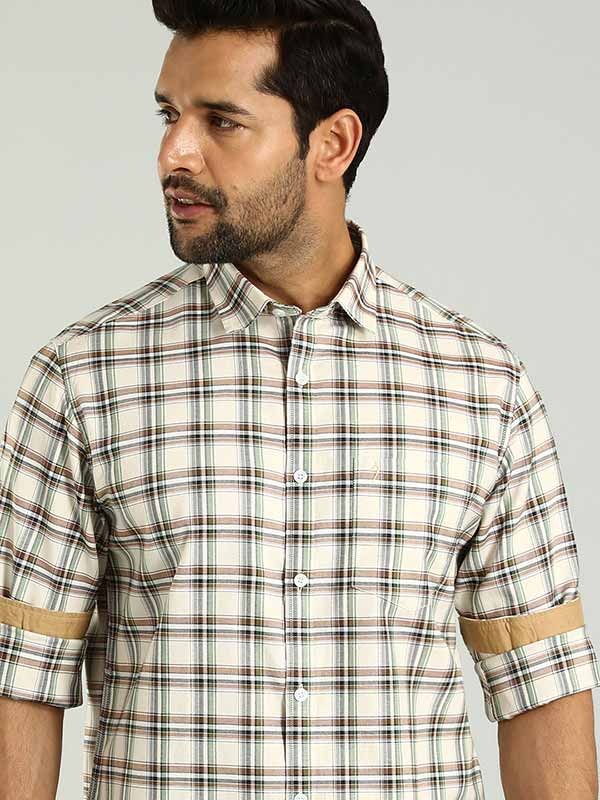 Indian Terrain Men's Regular Fit Full Sleeve Checkered Beige Shirt